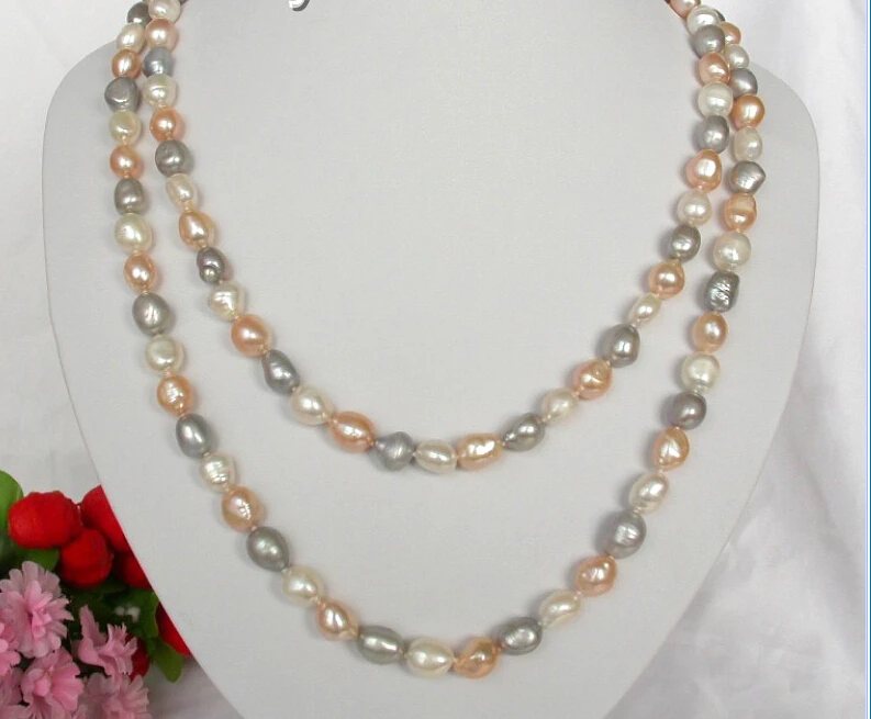 

WOW 50"11mm white gray and pink baroque freshwater cultured pearls necklace n115