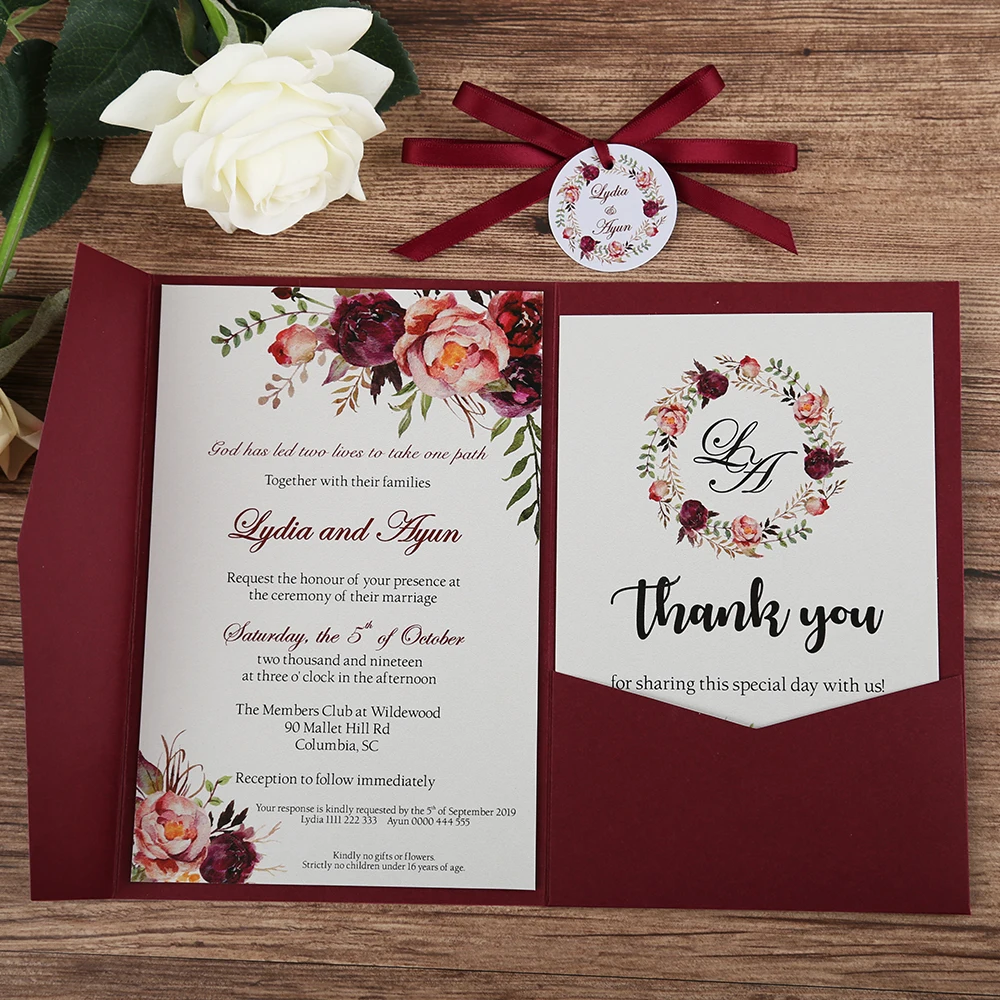 50pcs Wedding Invitations Burgundy Blue Pink Pocket Greeting Cards with Envelope Customized Party with Ribbon and Tag
50pcs Wedding Invitations Burgundy Blue Pink Pocket Greeting Cards with Envelope Customized Party with Ribbon and Tag