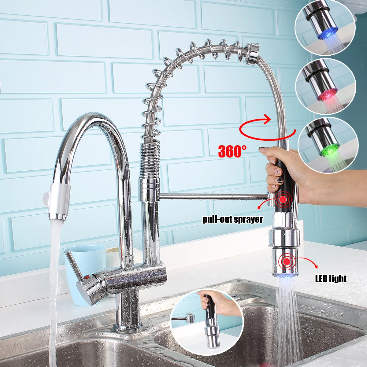 

Nickel Brushed LED Spout Kitchen Sink Water Faucet Rotatable Pull Out Spray 2 Ways Spout Basin Mixer Tap Deck Mounted Cold/Hot