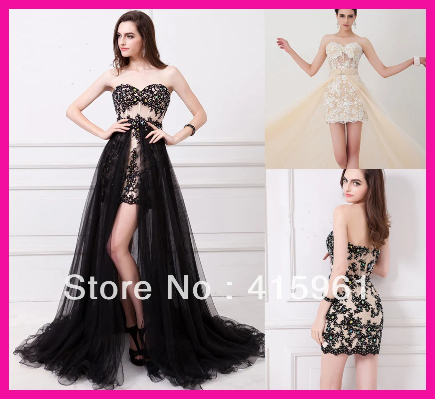 2014 Black Strapless Crystal Lace High Low Girls' Party Prom Dress With Detachable Skirt E5207
2014 Black Strapless Crystal Lace High Low Girls' Party Prom Dress With Detachable Skirt E5207