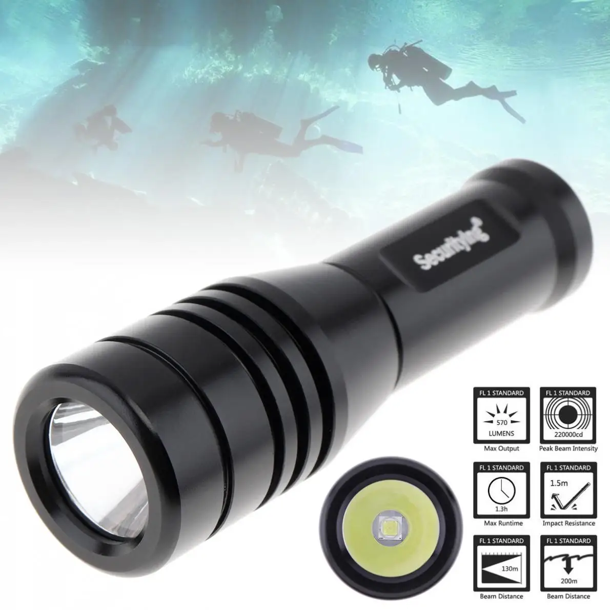 

SecurityIng 570Lm XM-L2 LED IP68 Underwater 150M Scuba Diving Photography Flashlight for Diving/Cave Exploration/Flood Control