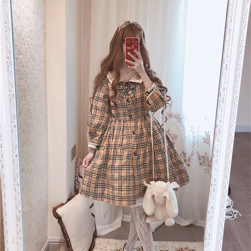 Spring Camel Plaid Lantern Sleeve Lace Dress Vintage College Soft Sister Sailor Collar Knee-length Women Dresses Windbreaker
Spring Camel Plaid Lantern Sleeve Lace Dress Vintage College Soft Sister Sailor Collar Knee-length Women Dresses Windbreaker