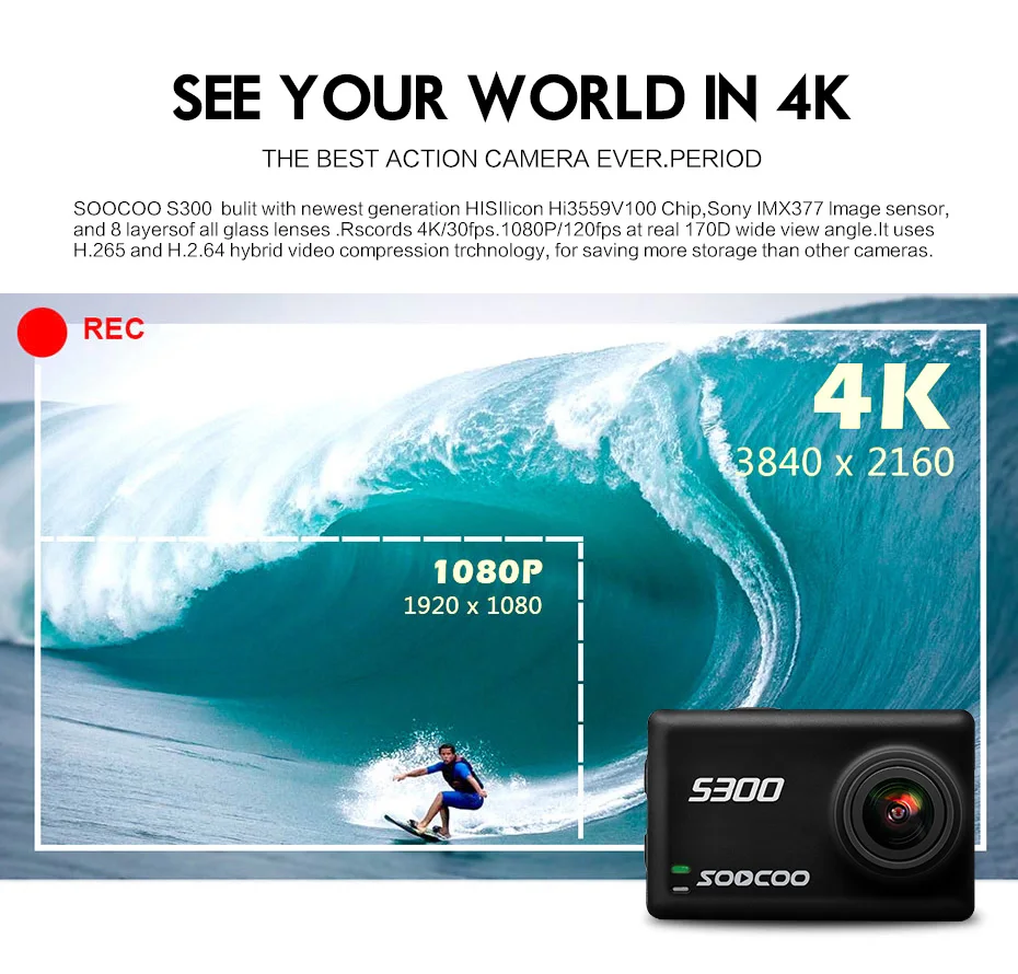 SOOCOO S300 4K 30FPS Sports Camera 2.35 Touchscreen Hi3559V100 IMX377 EIS Wifi External Mic GPS (2)