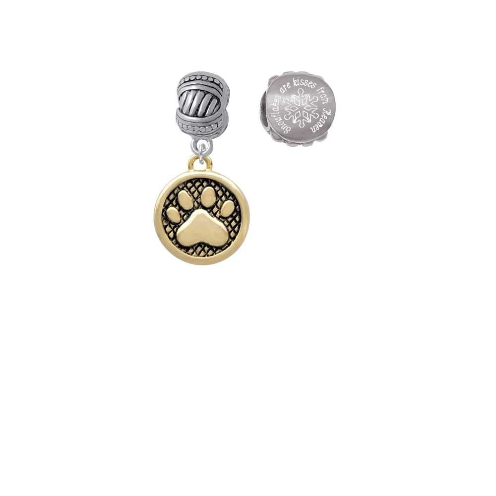 Goldtone Paw in Circle Snowflakes are Kisses from Heaven Charm Beads (Set of 2)