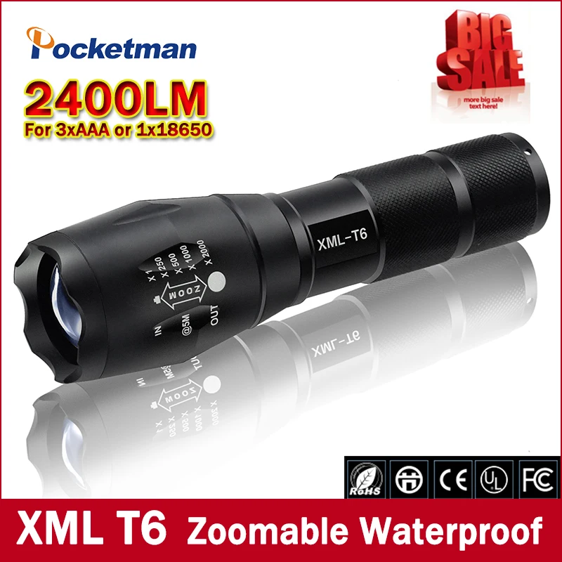 Big Promotion Ultra Bright XML T6 LED Flashlight 5 Modes 2400 Lumens Zoomable LED Torch Free shipping z50
Big Promotion Ultra Bright XML T6 LED Flashlight 5 Modes 2400 Lumens Zoomable LED Torch Free shipping z50