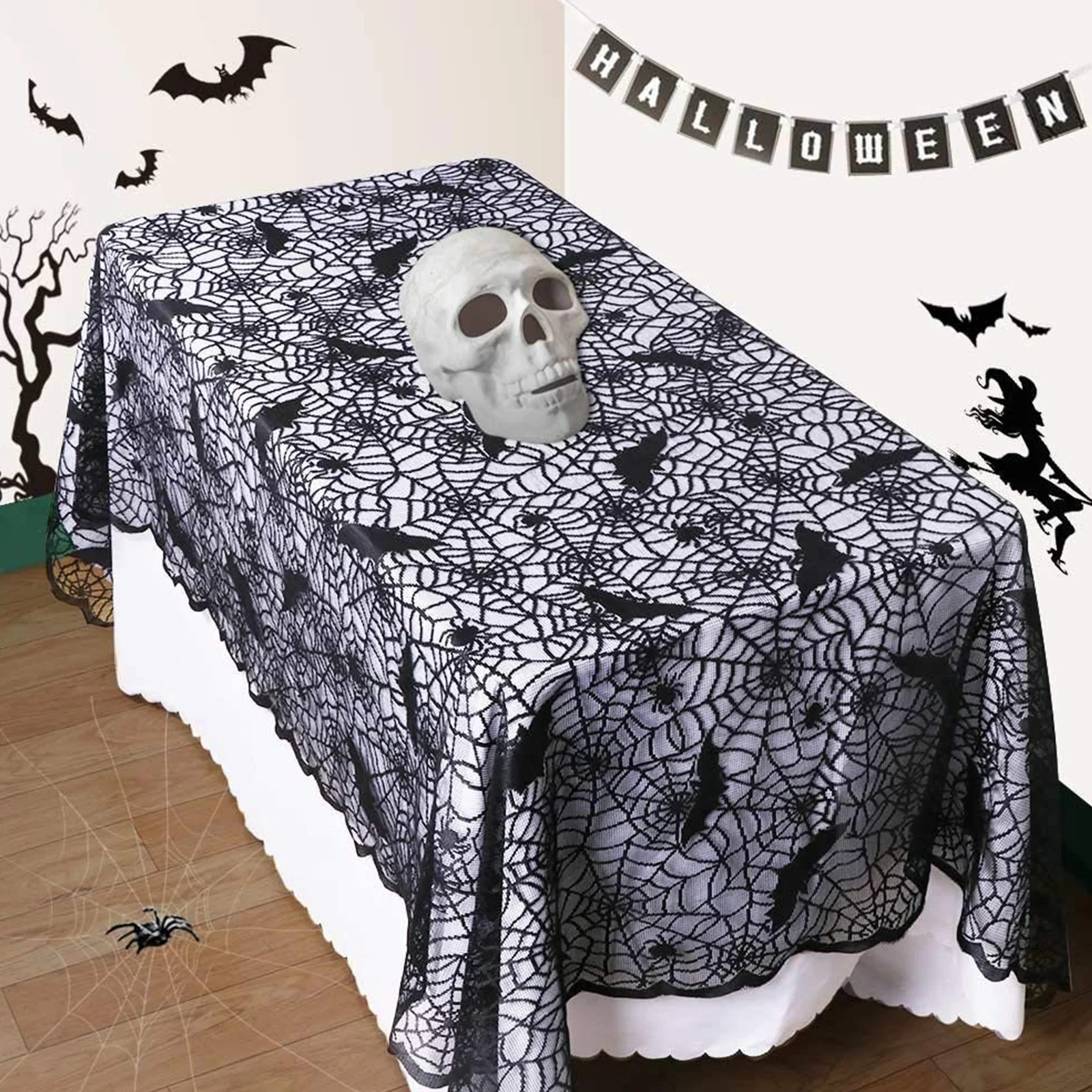 

Black Lace Spider Web Skeleton Skull Tablecloth Halloween Decorations Fireplace Mantel Scarf Event Party Decoration Supplies