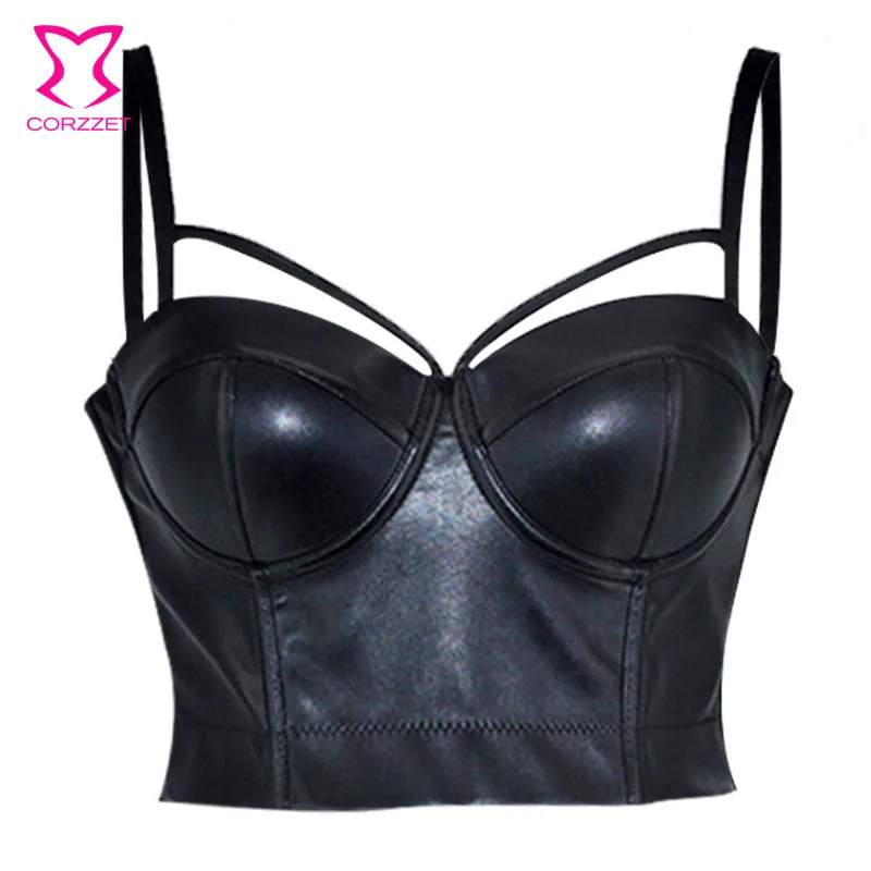 

Corzzet Steampunk Women PU Leather Strap Push Up Bralet Vest Gothic Bustier Bra Plus Size 6XL Ladies Rock Punk Black Cropped Top