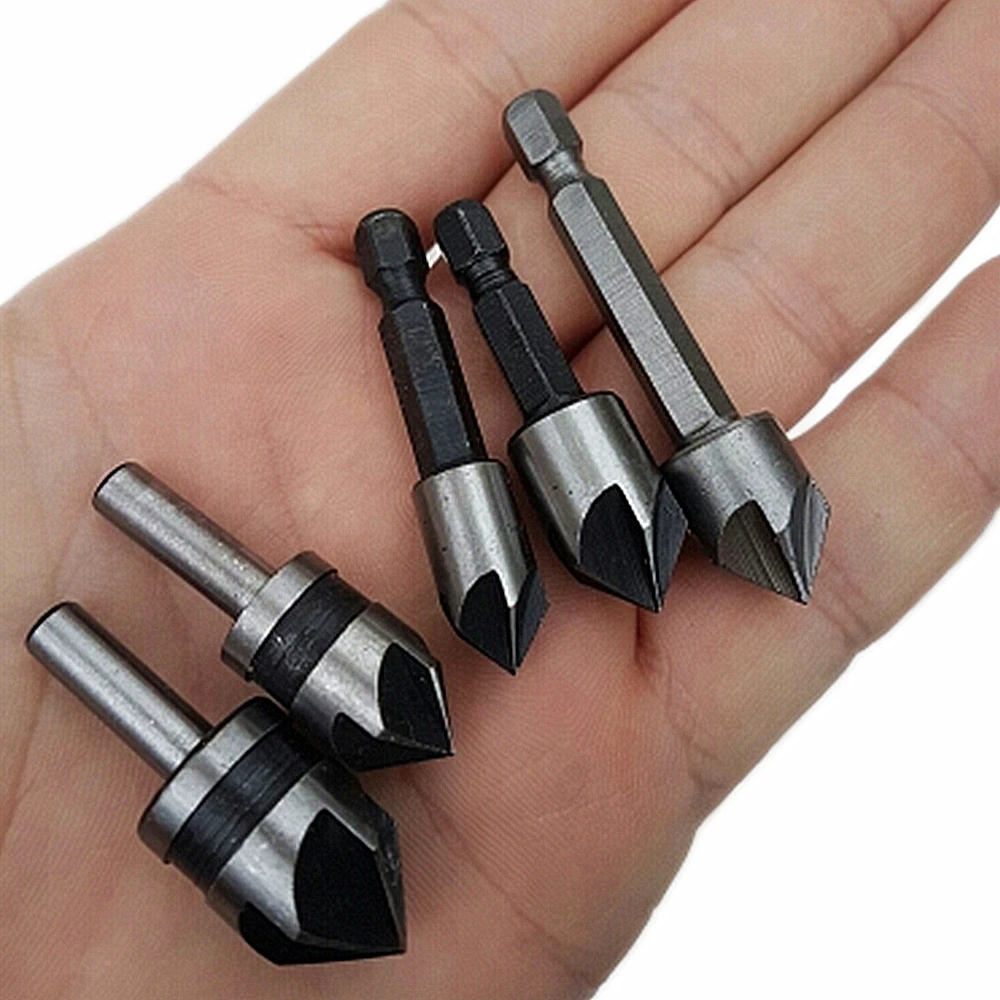 

5pc Countersink Drill Bit Set 82 & 90 Degree Angle HSS 5 Flute Chamfer Cutter Hex & Round Shank Woodworking Drill Bit Tools