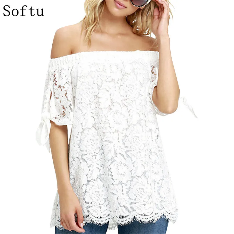 Image Softu Off Shoulder Women Blouses Lace Crochet Shirts Fashion Blusas Summer Sexy blusas feminina Short Sleeve Casual Tops