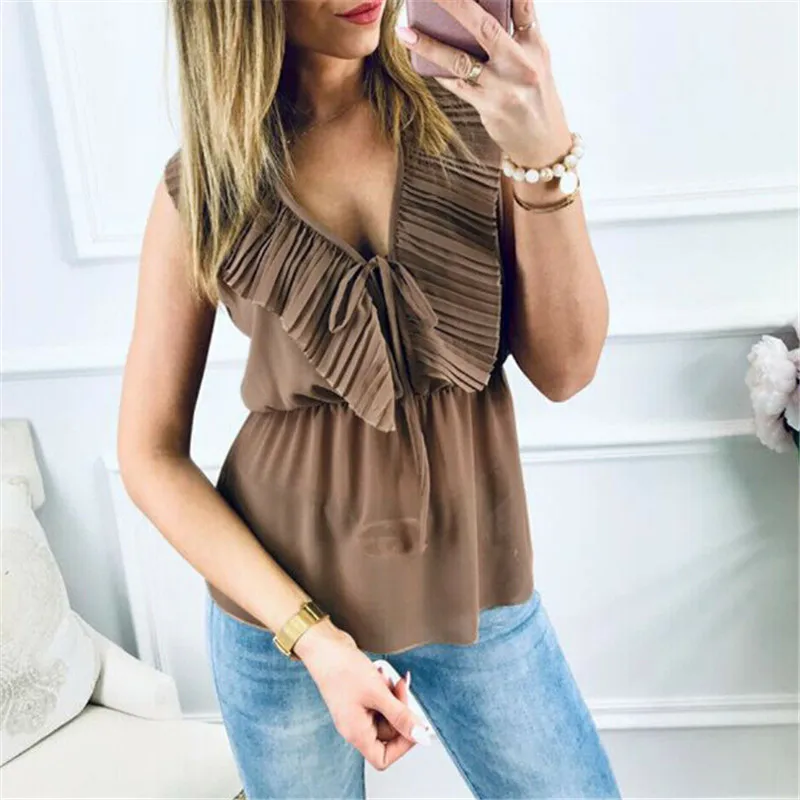 New Women V-Neck T-shirts 2019 Summer Ruffles Casual Sleeveless Tops T-shirt Solid Color Loose T Shirt Ladies Brown Tees Tops
New Women V-Neck T-shirts 2019 Summer Ruffles Casual Sleeveless Tops T-shirt Solid Color Loose T Shirt Ladies Brown Tees Tops