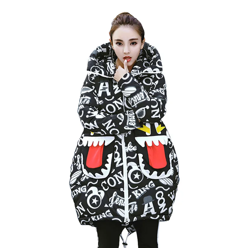 2019 Winter Parkas Woman Personality Cartoon Print Padded Jacket Long Hooded Hip-hop Style Loose Warm Outwear Winter Coats
2019 Winter Parkas Woman Personality Cartoon Print Padded Jacket Long Hooded Hip-hop Style Loose Warm Outwear Winter Coats