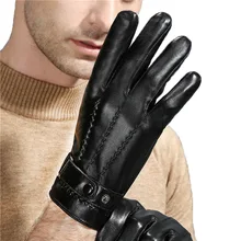 2019 חדש איש כבש אמיתי עור כפפות אצבע מלאה שחור חורף תרמית חיצוני ספורט נהיגה כפפות מסך מגע כפתור(China)