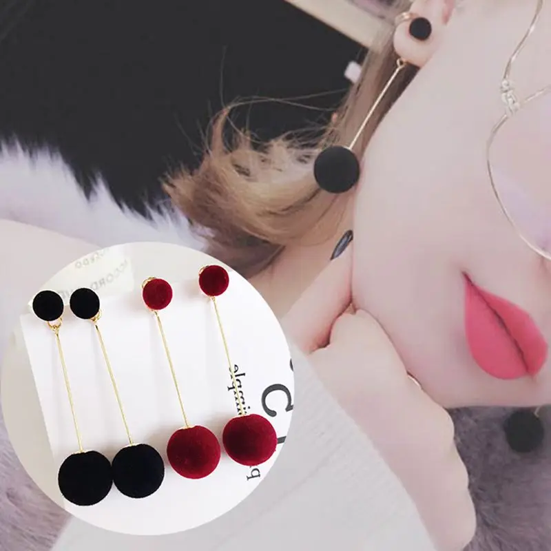 

1 Pair New Pompom Long Stud Simple Earring Women Ball Fashion Sweet Jewelry Eardrop Cute Bohemia Personality Detachable Dangler