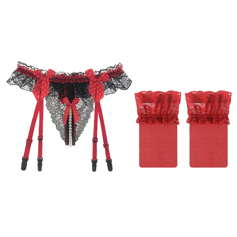 Women Sexy Lingerie Ruffle Lace Bowknot Garters Belt Crotchless Panties With Pearls For Lace Top Thigh High Stockings
Women Sexy Lingerie Ruffle Lace Bowknot Garters Belt Crotchless Panties With Pearls For Lace Top Thigh High Stockings
