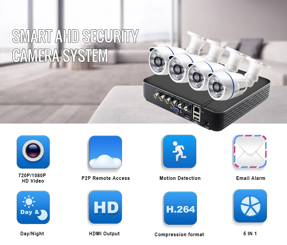 Smar CCTV 4CH 720P 1080P AHD Camera Kit P2P HDMI DVR Video Surveillance System Waterproof Outdoor Security Camera- Kit (1)