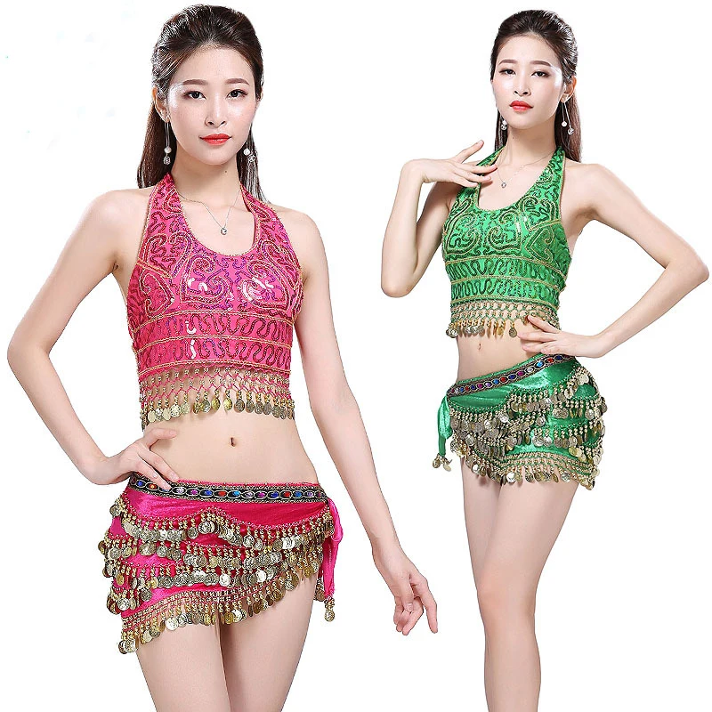 

Women Sexy Belly Dance Top Bra & Beaded Belt 2 Pieces Belly Dance Costume Outfit Set Bras & Belt Female Bollywood Dance Clothes