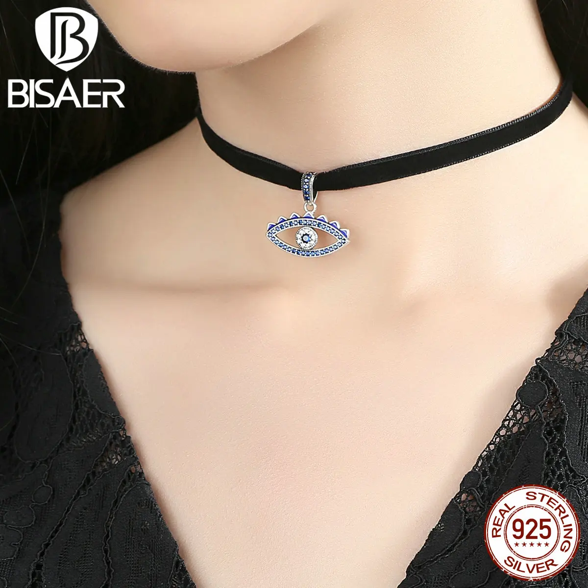925 Sterling Silver & Black Braid Blue Crystal Evil Eye Choker Necklace For Women Sterling Silver Jewelry collier femme ECN069
925 Sterling Silver & Black Braid Blue Crystal Evil Eye Choker Necklace For Women Sterling Silver Jewelry collier femme ECN069
