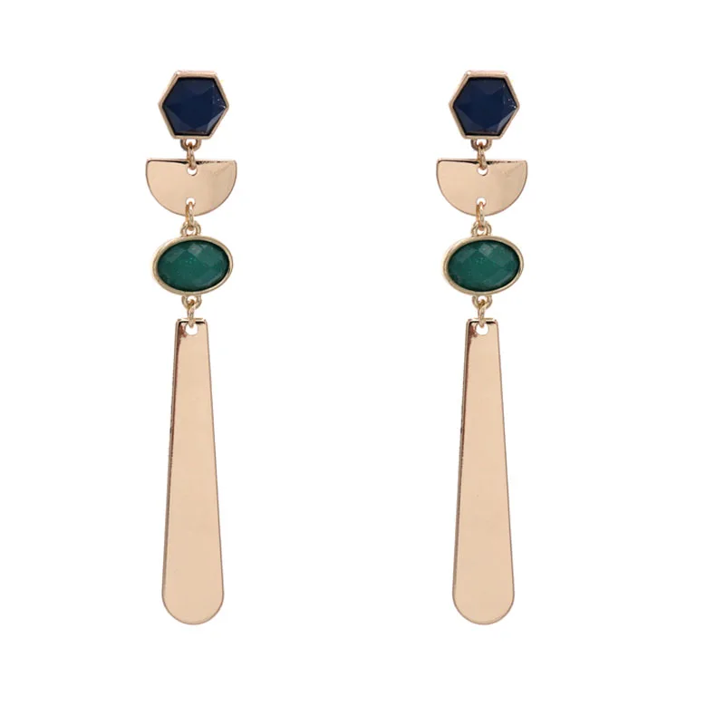 Huidang designer style women geometric shape green resin stone gold color long danging earrings 2018
Huidang designer style women geometric shape green resin stone gold color long danging earrings 2018