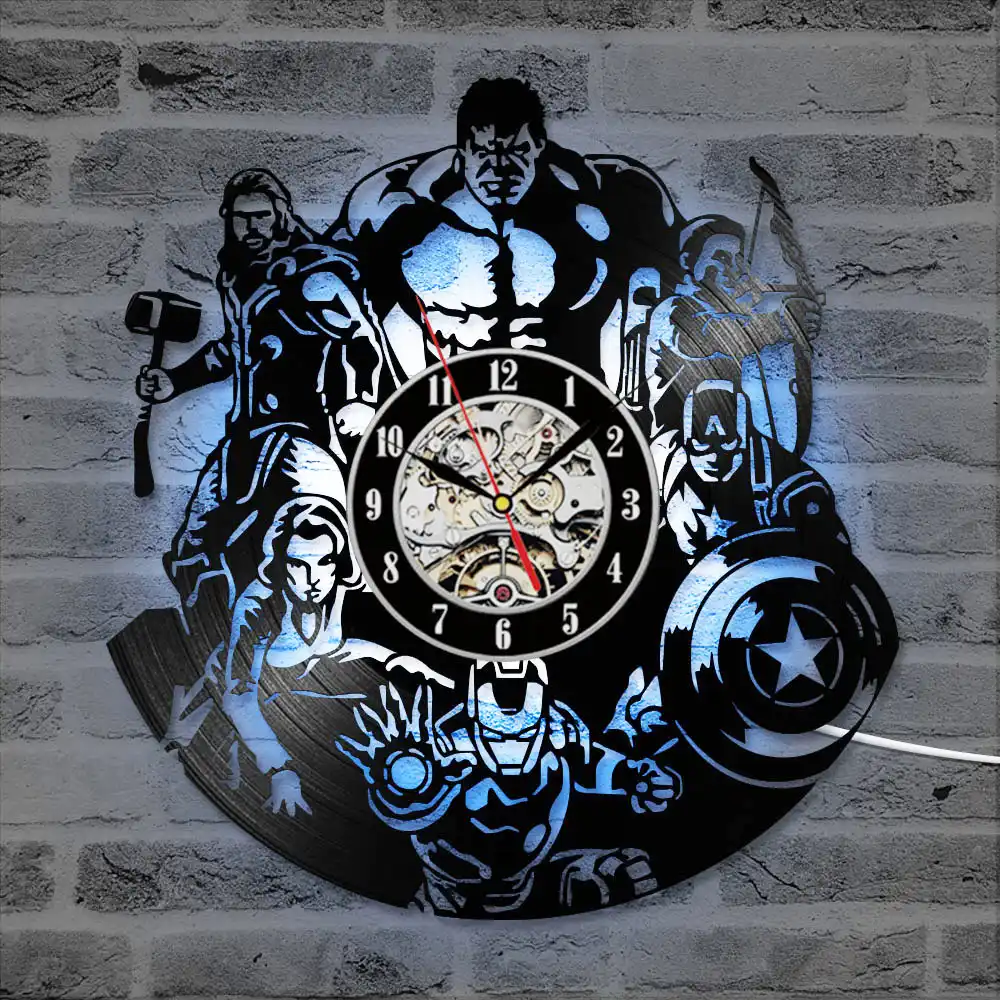アベンジャーズ形のビニール記録クロッククリエイティブ中空マーベルコミック Led 壁時計アイアンマン キャプテンアメリカ トール掛時計 Gooum