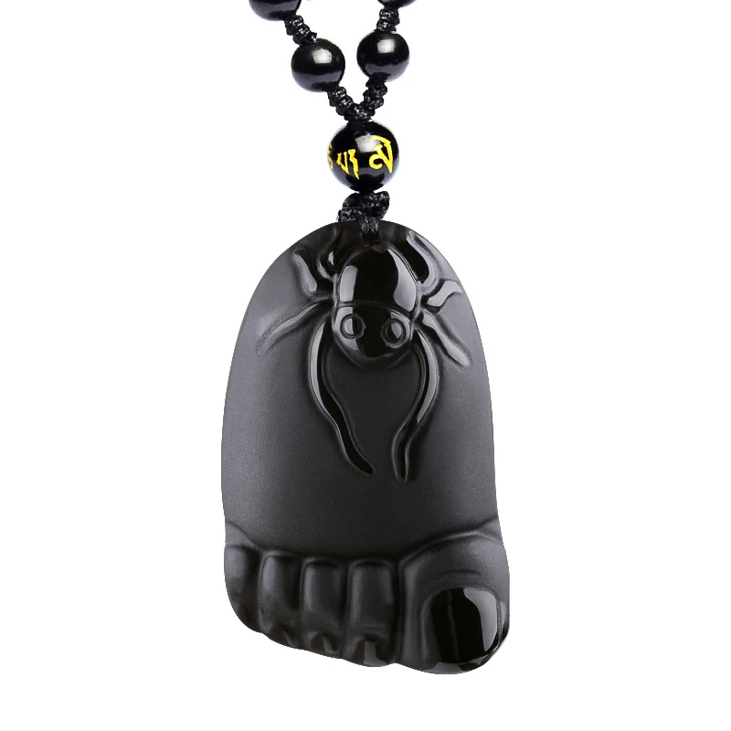 

JoursNeige Natural Stone Obsidian Pendant Bead Necklace Black A Carved Foot/Spider Fine Carving Lucky for Men Women Women