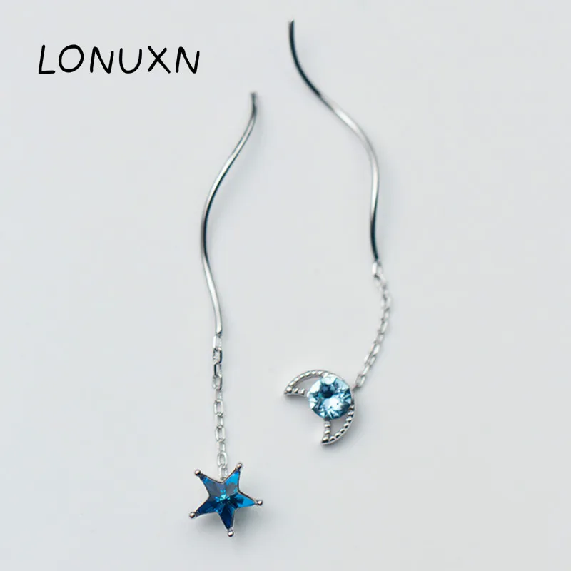 925 Sterling Silver Long Tassel Ear Line Asymmetric Jewelry Blue Long Moon Pentagram blue crystal Stars Wave Dangle Earrings
925 Sterling Silver Long Tassel Ear Line Asymmetric Jewelry Blue Long Moon Pentagram blue crystal Stars Wave Dangle Earrings
