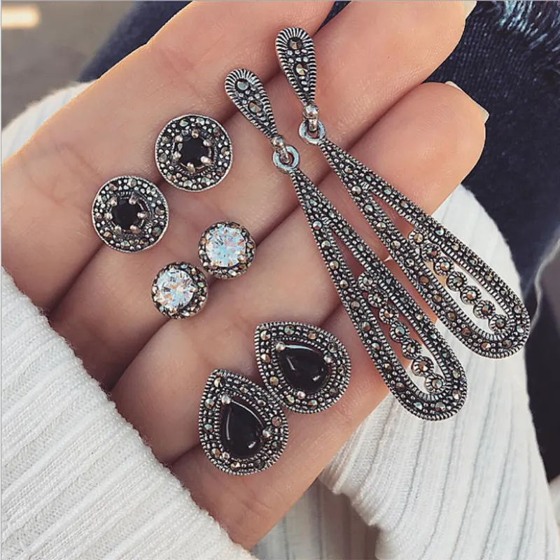 

4 Pairs/Set Vintage Pattern Rhinestone Boho Earrings Women Street Stylish Water Drop Long Folk Dangler Hollow Out Punk Eardrop