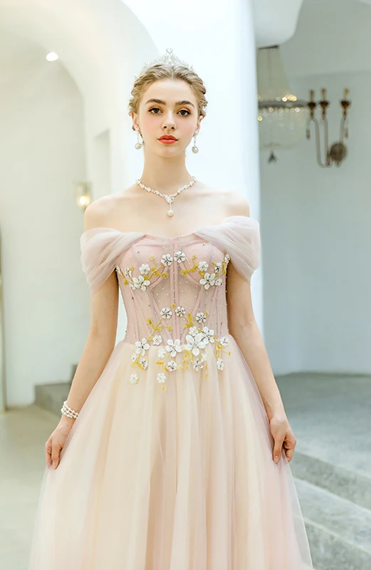 Pink Prom Dress Off Shoulder Bridesmaids Lace Appliques Dress Beaded Long Floor Length Evening Gown