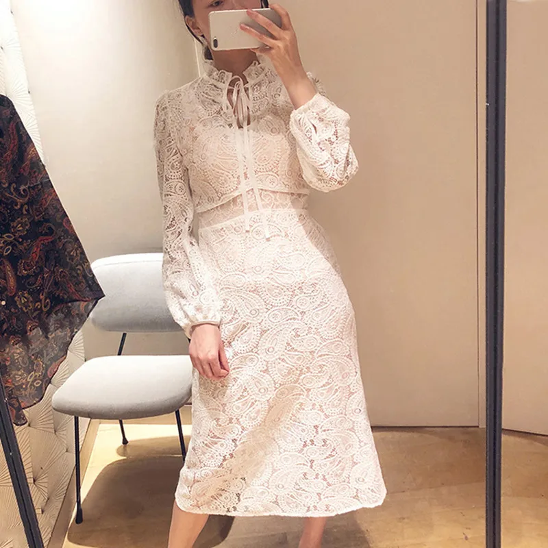 Women Lace V Neck Dress Embroidery Elegant Lace Lantern Sleeve Crochet Ladies Mid Calf White Vestidos Autumn Winter
Women Lace V Neck Dress Embroidery Elegant Lace Lantern Sleeve Crochet Ladies Mid Calf White Vestidos Autumn Winter