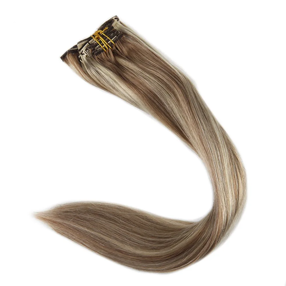 

Full Shine 9Pcs Blonde Highligted Double Weft Clip In Human Hair Extensions 100g 100 Machine Remy Extensions Color 10 and 613