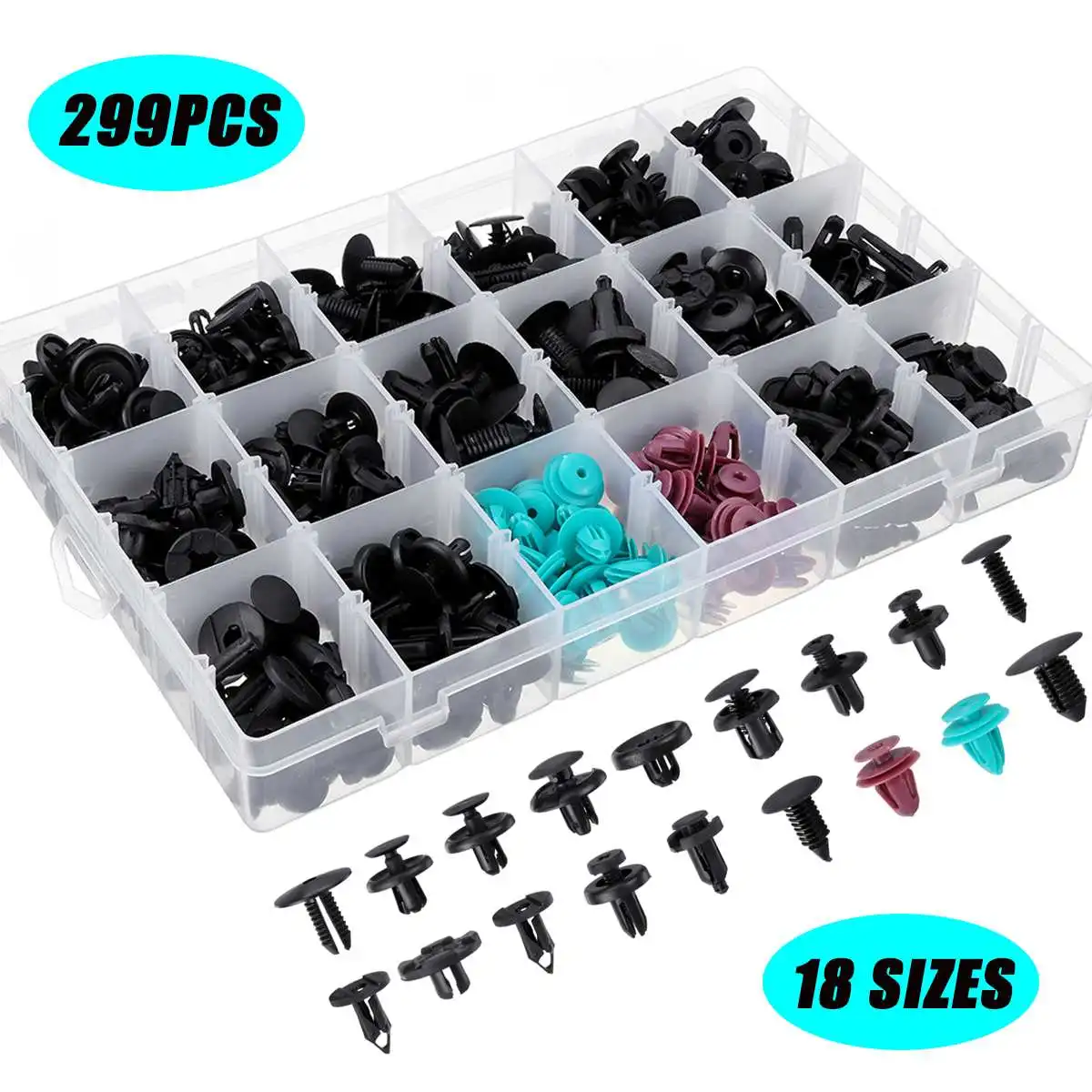 299pcs 18 Size Universal Car Auto Body Push Pin Rivet Retainer Fasteners Clip Assortment Kit For Toyota/Nissan/VW/Honda
299pcs 18 Size Universal Car Auto Body Push Pin Rivet Retainer Fasteners Clip Assortment Kit For Toyota/Nissan/VW/Honda