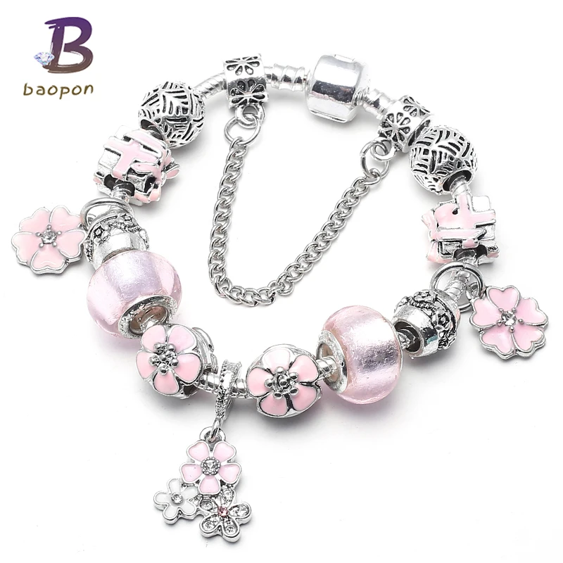 BAOPON Silver Plated Charm Bracelet with Flower Pendant & Cherry Blossom Charm Pink Murano Glass Beads Pan Bracelet Gift
BAOPON Silver Plated Charm Bracelet with Flower Pendant & Cherry Blossom Charm Pink Murano Glass Beads Pan Bracelet Gift