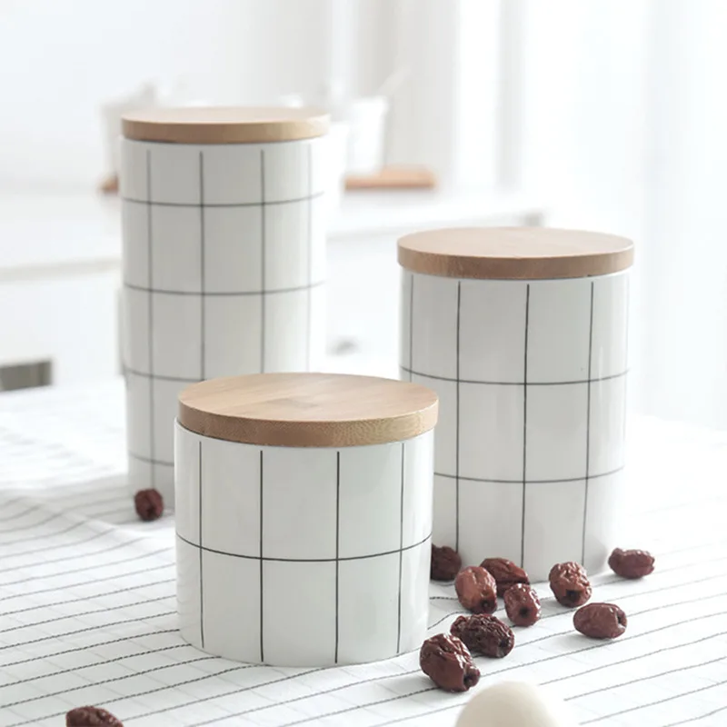 

Plaid Tea Canister For Home Decor Nordic Heat-resistant Ceramic Sealed Tank Storage Cans Kitchen Jars Food Porcelain Caddy Tarro