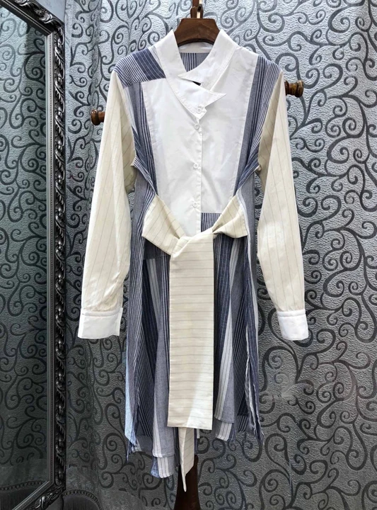 Summer 2019 New Women's Irregular Collar Colour Splicing Tie-tie Clothing waist long sleeve dress 606
Summer 2019 New Women's Irregular Collar Colour Splicing Tie-tie Clothing waist long sleeve dress 606