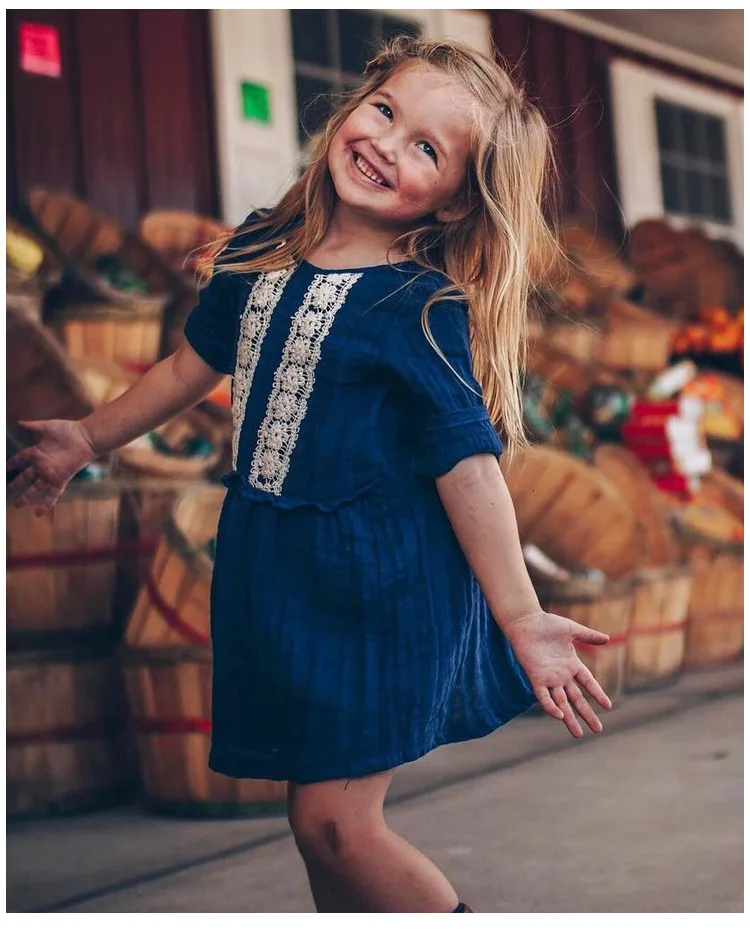 Mother nest Lone Sleeves Baby Girl Lace Dress Dark Blue Linen Cute Newborn Clothes Dresses Children Simple Cotton 1st Birthday (24)