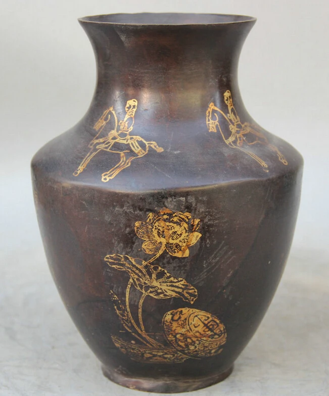 song voge gem S2291 9" Marked China Dynasty Bronze Gild Folk Lotus Man Ride Horse Flower Bottle Vase
song voge gem S2291 9" Marked China Dynasty Bronze Gild Folk Lotus Man Ride Horse Flower Bottle Vase