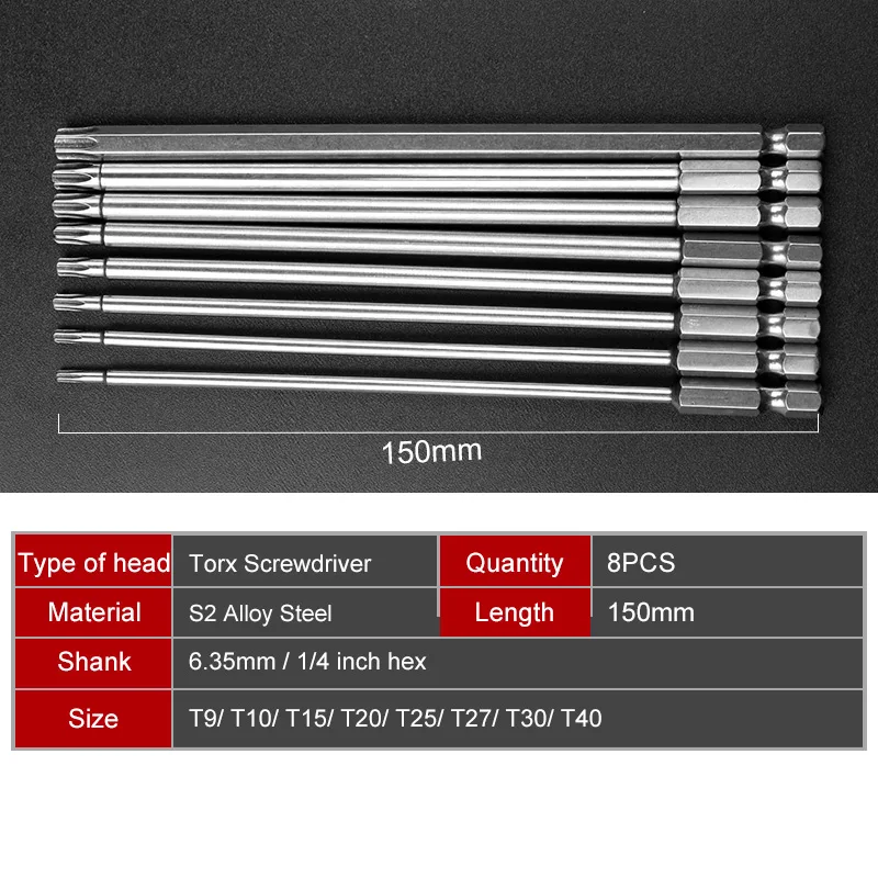 8 In 1 Length 150mm Magnetic Torx Security Electric Screwdriver Bit Set T9-T40 Screwdriver Bits