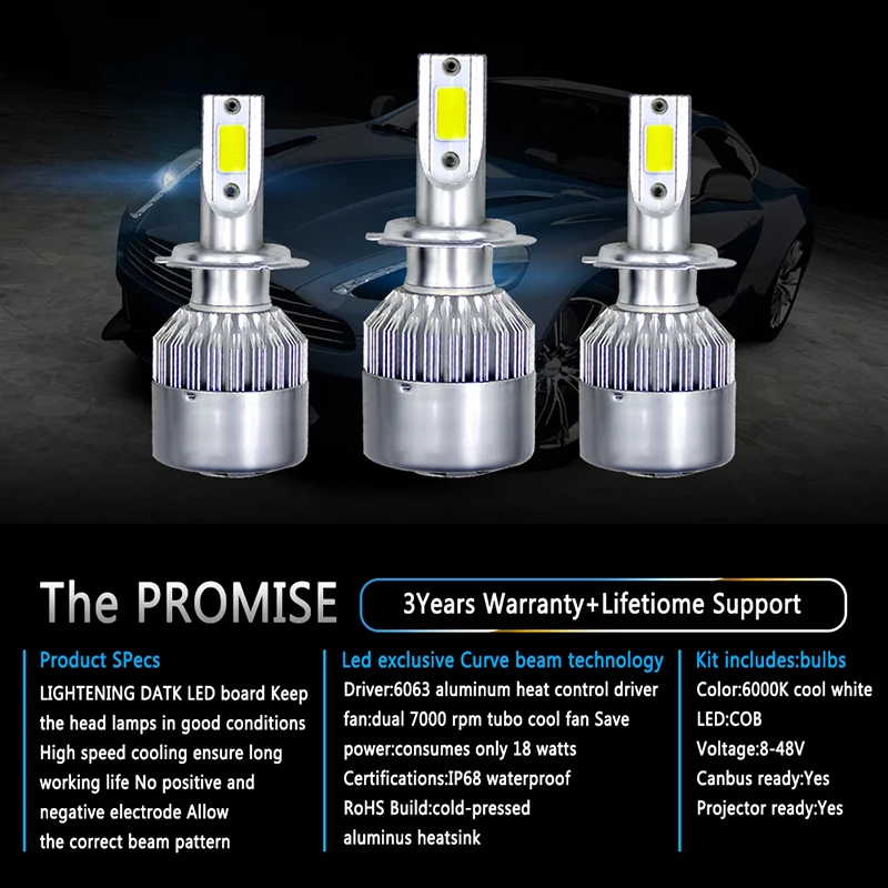 2pcs C6 H7 COB LED 72W 7600LM Headlight Kit Hi/Lo Light Bulb 6500K C6 H7 Headlight