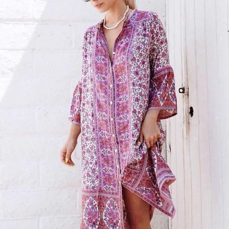 Pink Vintage Spring Summer 2019 tuni dress floral print blossom button down boho dress midi loose flare sleeve women beach party
Pink Vintage Spring Summer 2019 tuni dress floral print blossom button down boho dress midi loose flare sleeve women beach party