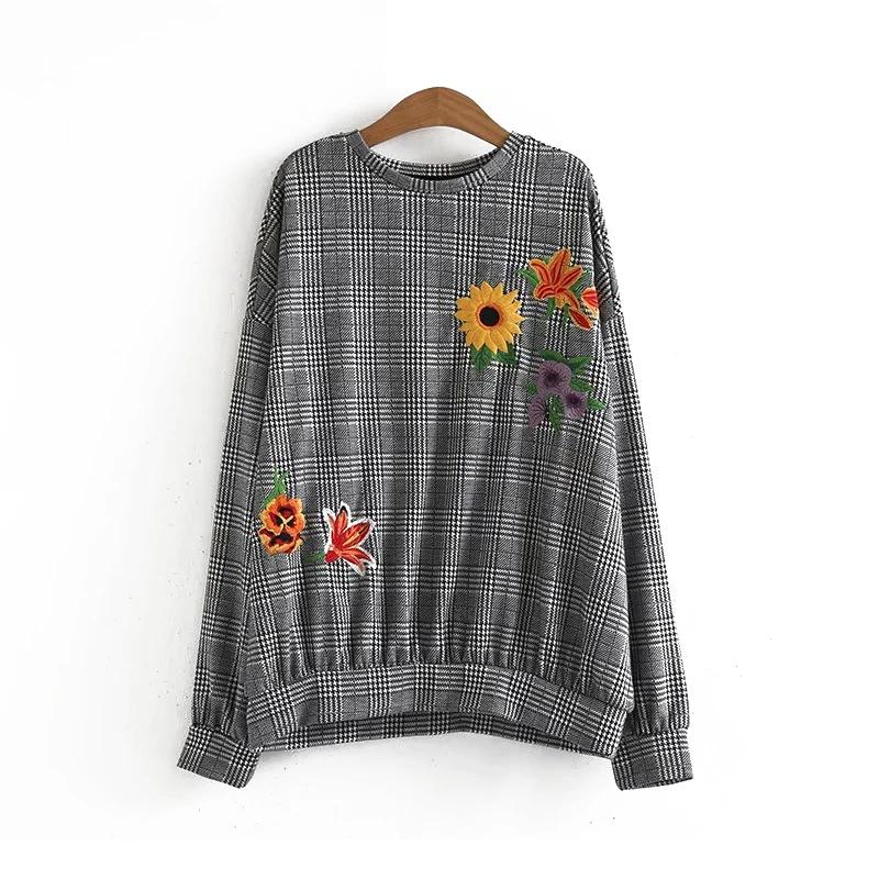 New Women Plaid Sweater 2019 Spring-Autumn Houndstooth Pullovers Embroidery Womens Knitted Sweaters Ladies Chic Oversize | Женская