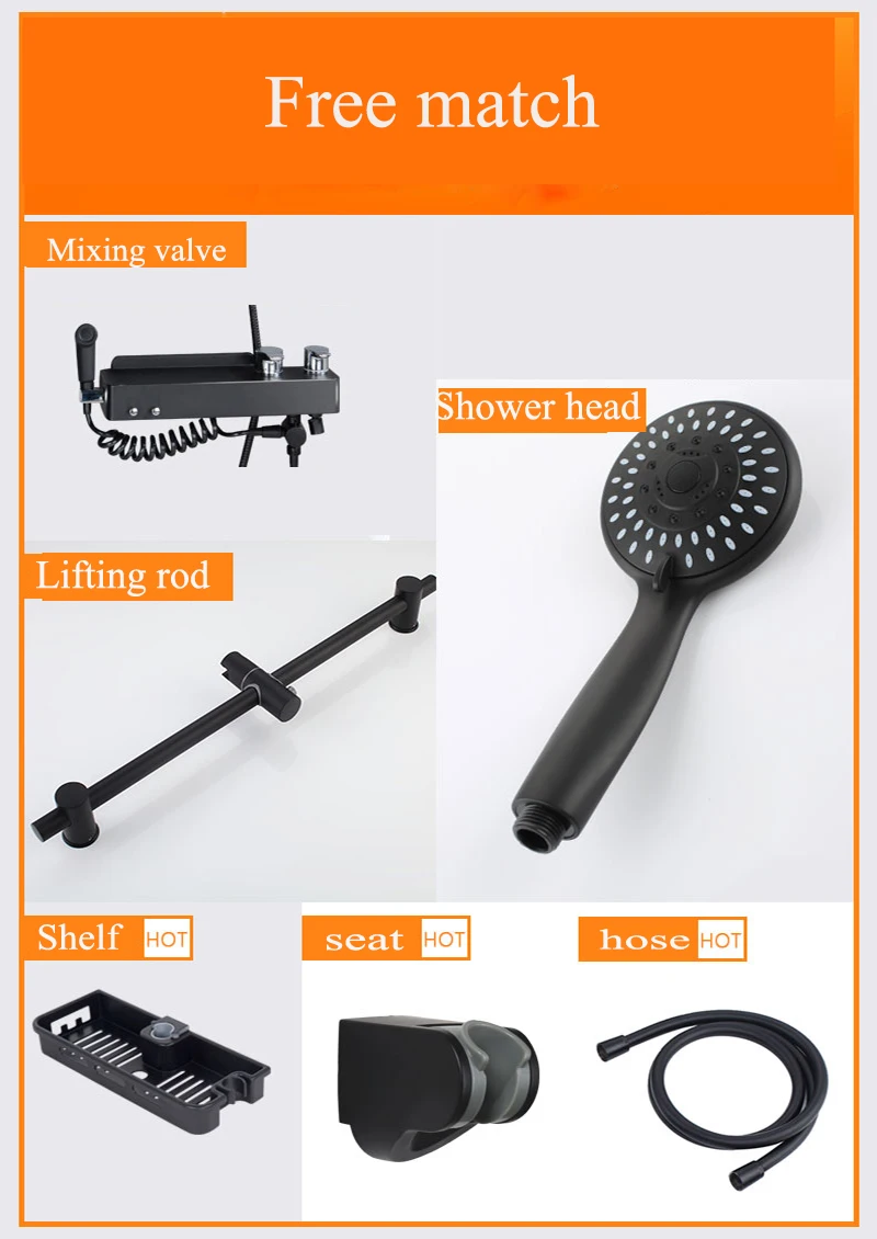 Black shower head Bathroom shelf mixing valve hot and cold faucet lifting rod shower head shower accessories 9