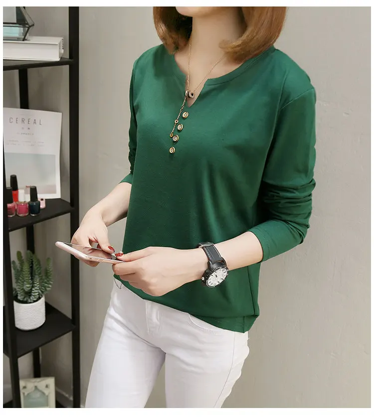 New Womens Tops Tees 2019 Autumn Large Size Tshirt Femme Casual V-neck Long Sleeve Cotton T-shirt Poleras Mujer Tshirts Female (7)