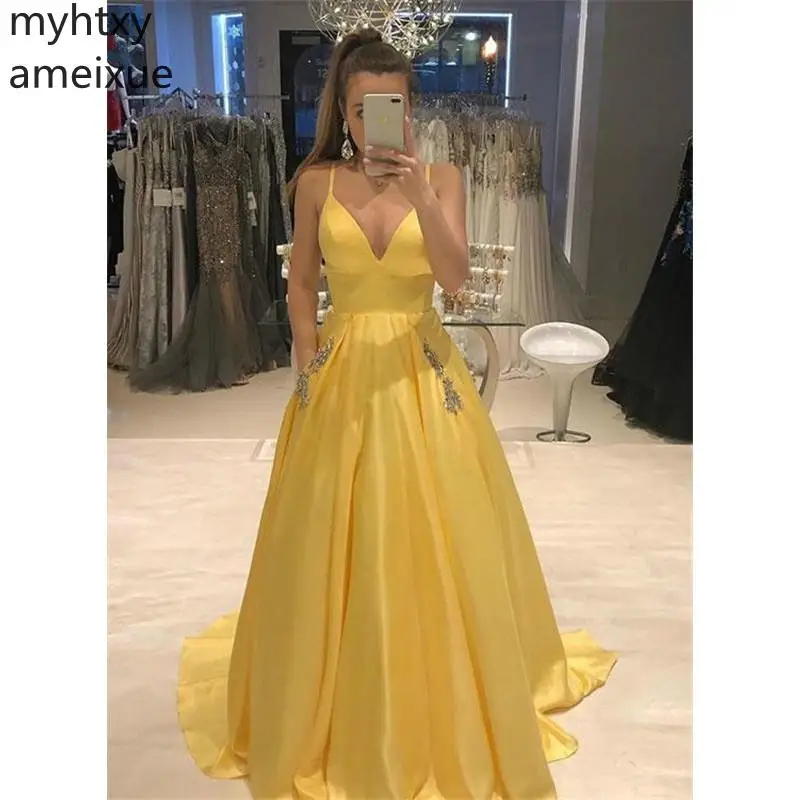 New Yellow Gown Evening Dress With Pocket 2019 Satin Beading Formal Dresses Prom Plus Size Gowns Custom Made Robe De Soiree
New Yellow Gown Evening Dress With Pocket 2019 Satin Beading Formal Dresses Prom Plus Size Gowns Custom Made Robe De Soiree