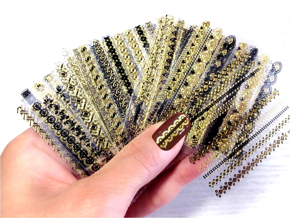 24Pcs/lot 3D Nail Sticker Black Lace Flower Pattern Stamping Charms Gold/Silver Bronzing Tips Nail Art Transfer Decals NTL-32
24Pcs/lot 3D Nail Sticker Black Lace Flower Pattern Stamping Charms Gold/Silver Bronzing Tips Nail Art Transfer Decals NTL-32
