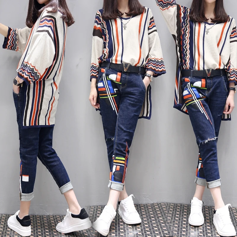 S-6XL women's spring large size two-piece 2019 new fashion loose high waist printing set female high-end shirt + jeans two-piece
S-6XL women's spring large size two-piece 2019 new fashion loose high waist printing set female high-end shirt + jeans two-piece