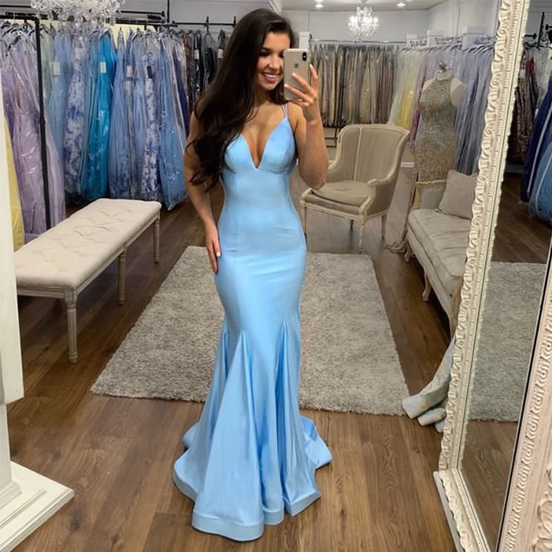 Simple V-neck Light Sky Blue Evening Dresses Mermaid Style Satin Formal Evening Party Gowns Simple Full Length Robe De Soiree
Simple V-neck Light Sky Blue Evening Dresses Mermaid Style Satin Formal Evening Party Gowns Simple Full Length Robe De Soiree