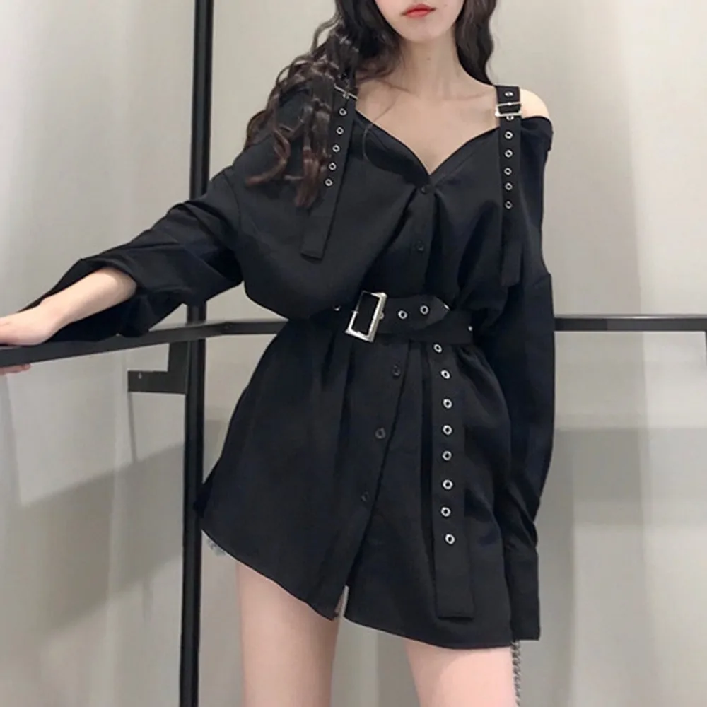 Black mini short Women Dresses Korean Style Sexy&club Party Dress Female GothicStraight Belt Button Casual Female Tops QH272 
Black mini short Women Dresses Korean Style Sexy&club Party Dress Female GothicStraight Belt Button Casual Female Tops QH272