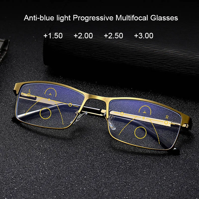 Anti-blue Ray Progressive Reading Glasses Stainless Steel Metal Full Frame Readers Men's Rectangular Multifocus Glasses Gold
Anti-blue Ray Progressive Reading Glasses Stainless Steel Metal Full Frame Readers Men's Rectangular Multifocus Glasses Gold