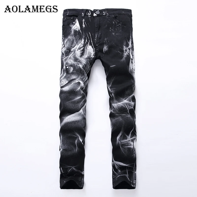 Aolamegs Men Jeans Pants Wolf Head Print Pattern Black Motorcycle Pants Full Length Trousers Summer Splicing Light Denim Fashion
Aolamegs Men Jeans Pants Wolf Head Print Pattern Black Motorcycle Pants Full Length Trousers Summer Splicing Light Denim Fashion