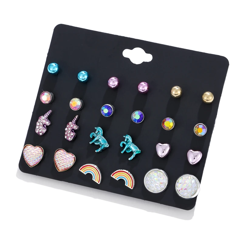 LUXSHINE 12 Pairs/lot Unicorn Licorne Rainbow Stud Earring Set Women Dazzling Mermaid Scale Rhinestone Earrings Valentine's Day
LUXSHINE 12 Pairs/lot Unicorn Licorne Rainbow Stud Earring Set Women Dazzling Mermaid Scale Rhinestone Earrings Valentine's Day
