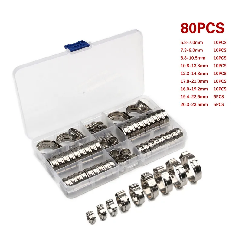 80Pcs 304 Stainless Steel Single Ear Hose Clamp Worm Drive Fuel Water Hose Pipe Clamps Clips Hose Fuel Clamps 5.8-23.5mm
80Pcs 304 Stainless Steel Single Ear Hose Clamp Worm Drive Fuel Water Hose Pipe Clamps Clips Hose Fuel Clamps 5.8-23.5mm